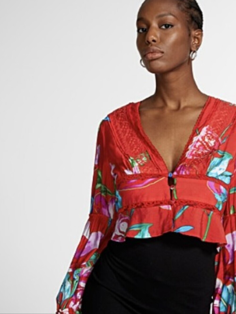 Icone (Simons) Red Tropical/Floral Lace Ruffle Deep-V Corset Top (Size S)